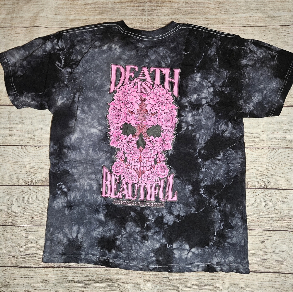 Assholes live forever death is beautiful skull and roses tie dye graphic tee